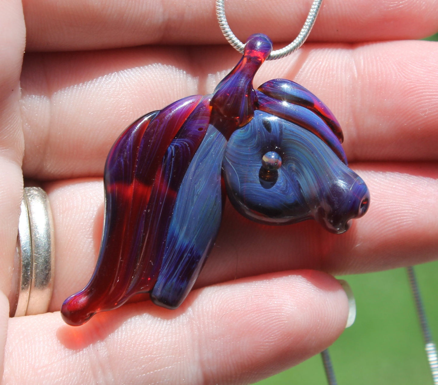 Glass Horse Head Necklace, Blue Purple Mustang