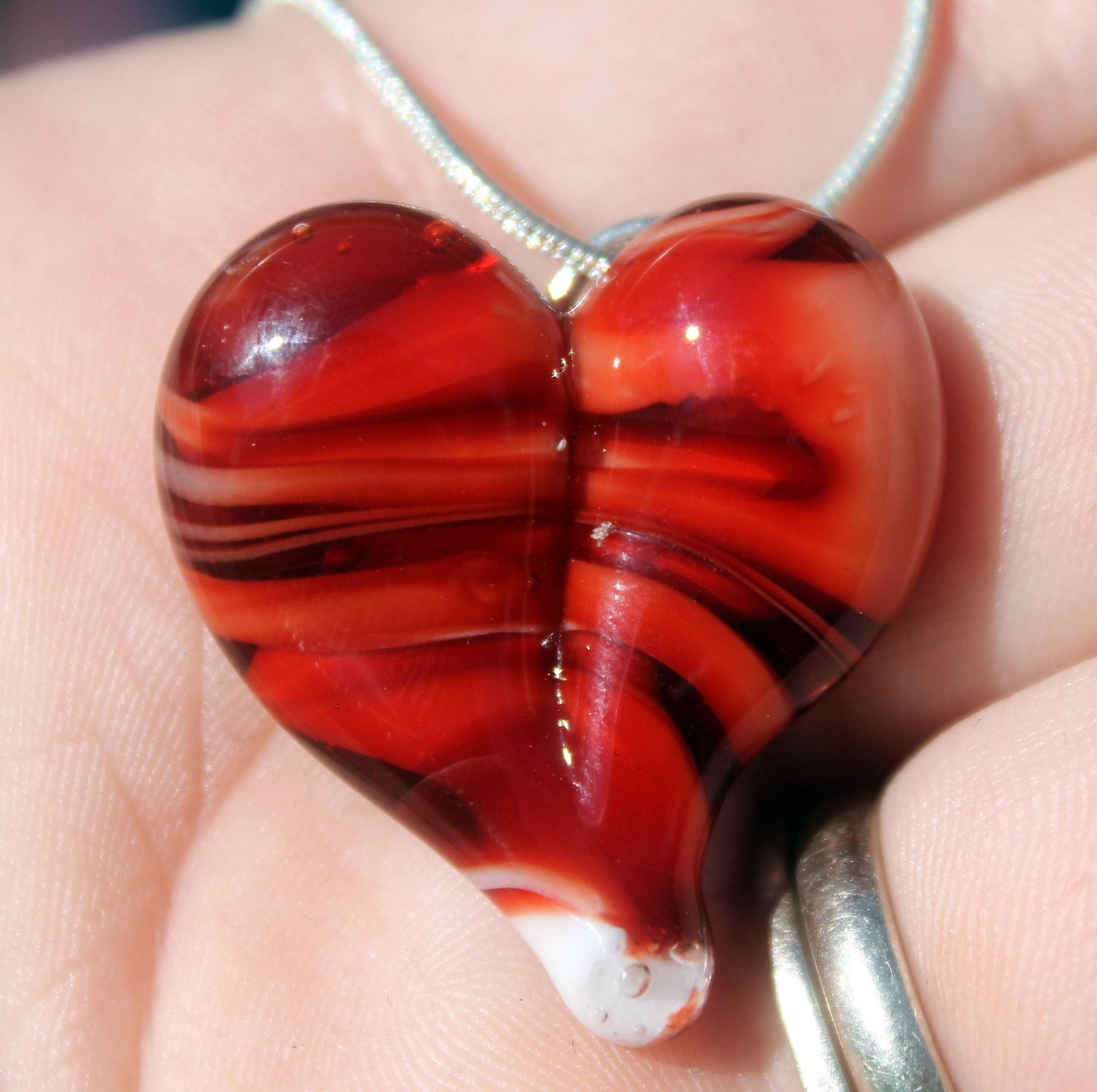 Red Heart Necklace Glass, Blown Boro Pendant, Lampwork Focal Bead Twists of Red Heart