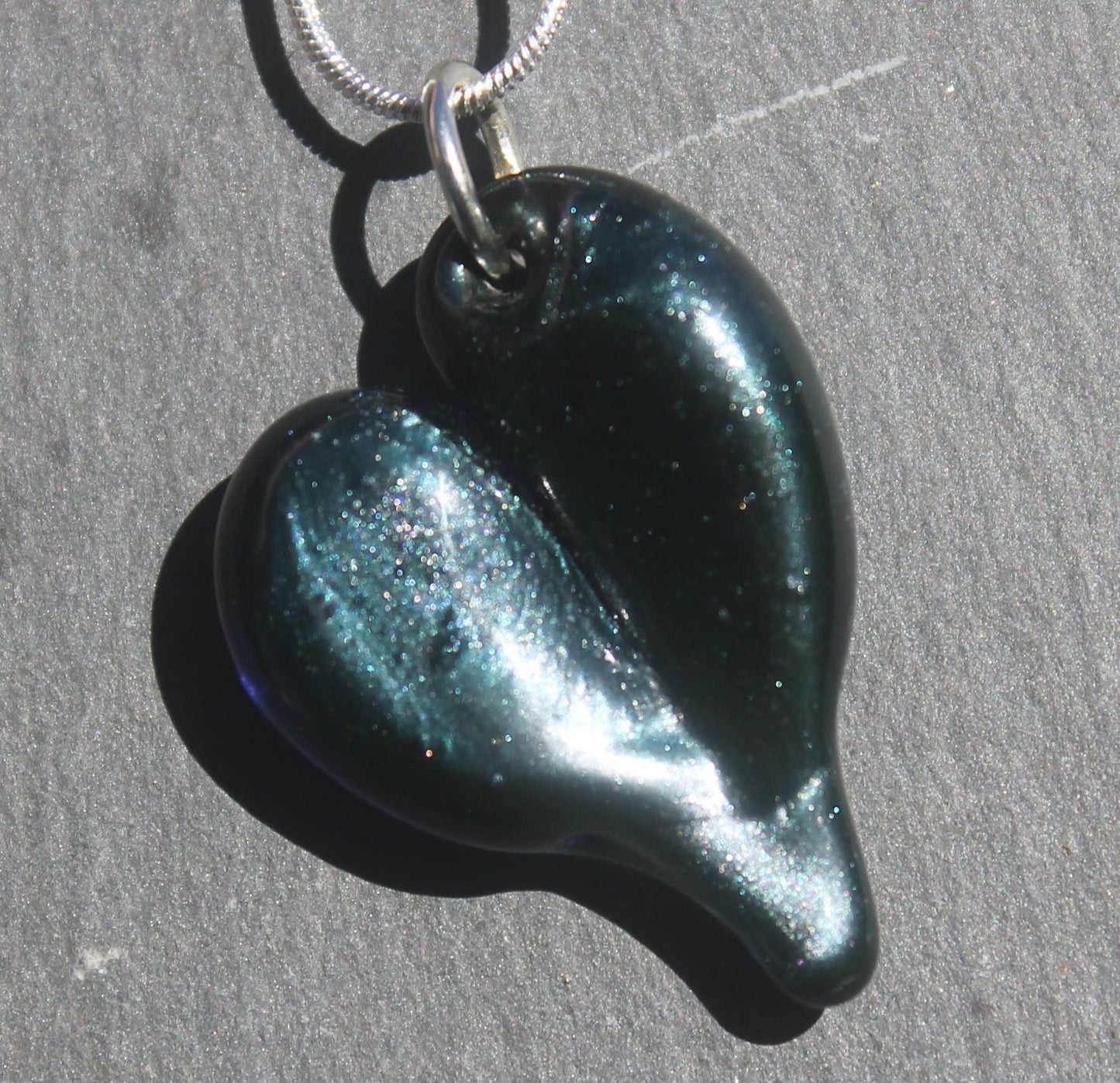 Sparkling Blue Heart Necklace Glass, Lampwork Boro Jewelry, Hand Blown Boro Pendant, Handmade Heart