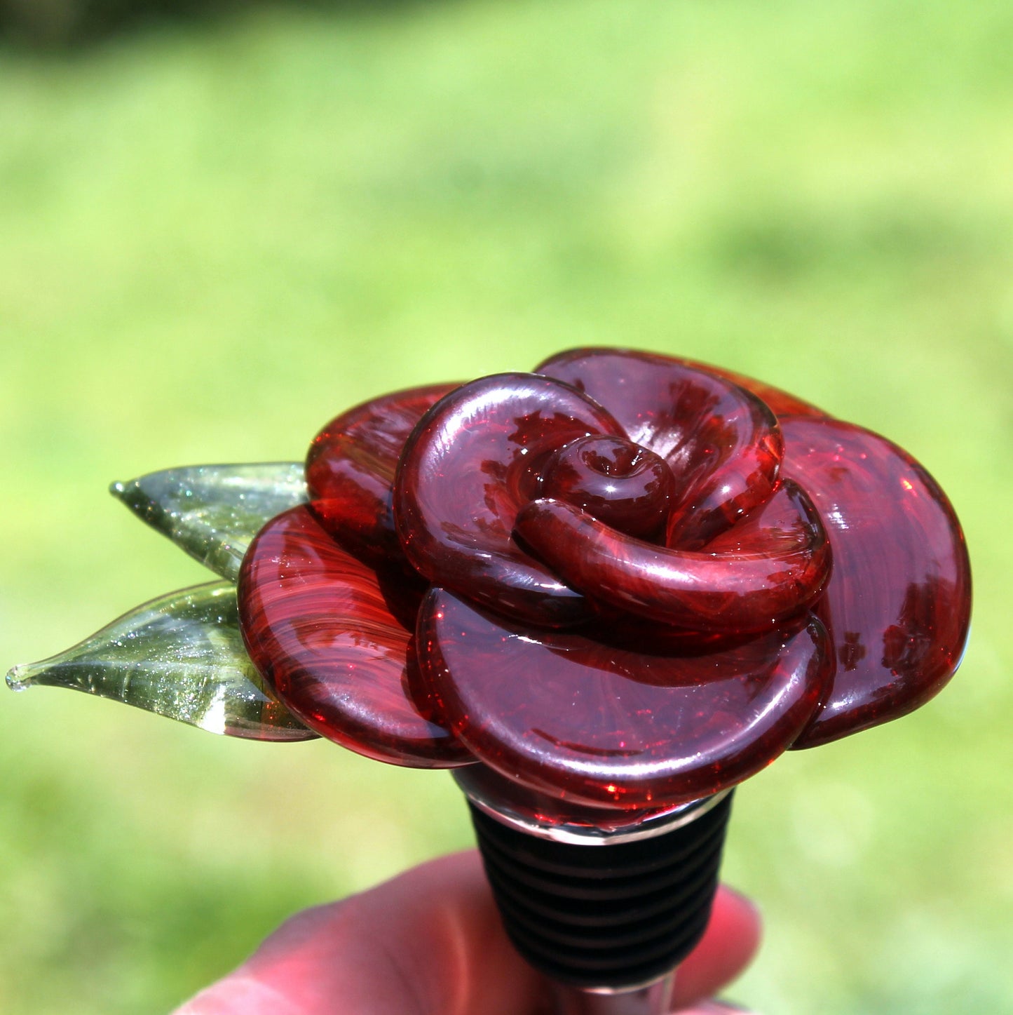 Wine Bottle Stopper Glass Rose Red, Hand Blown Rose, Lampwork SRA Rose, Flower Stainless steel, Gift for Wino