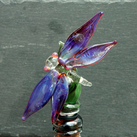 Wine Stopper Dragonfly Glass, Stainless Steel Art Wine Bottle Stopper, Hand Blown Lampwork Glass  Purple
