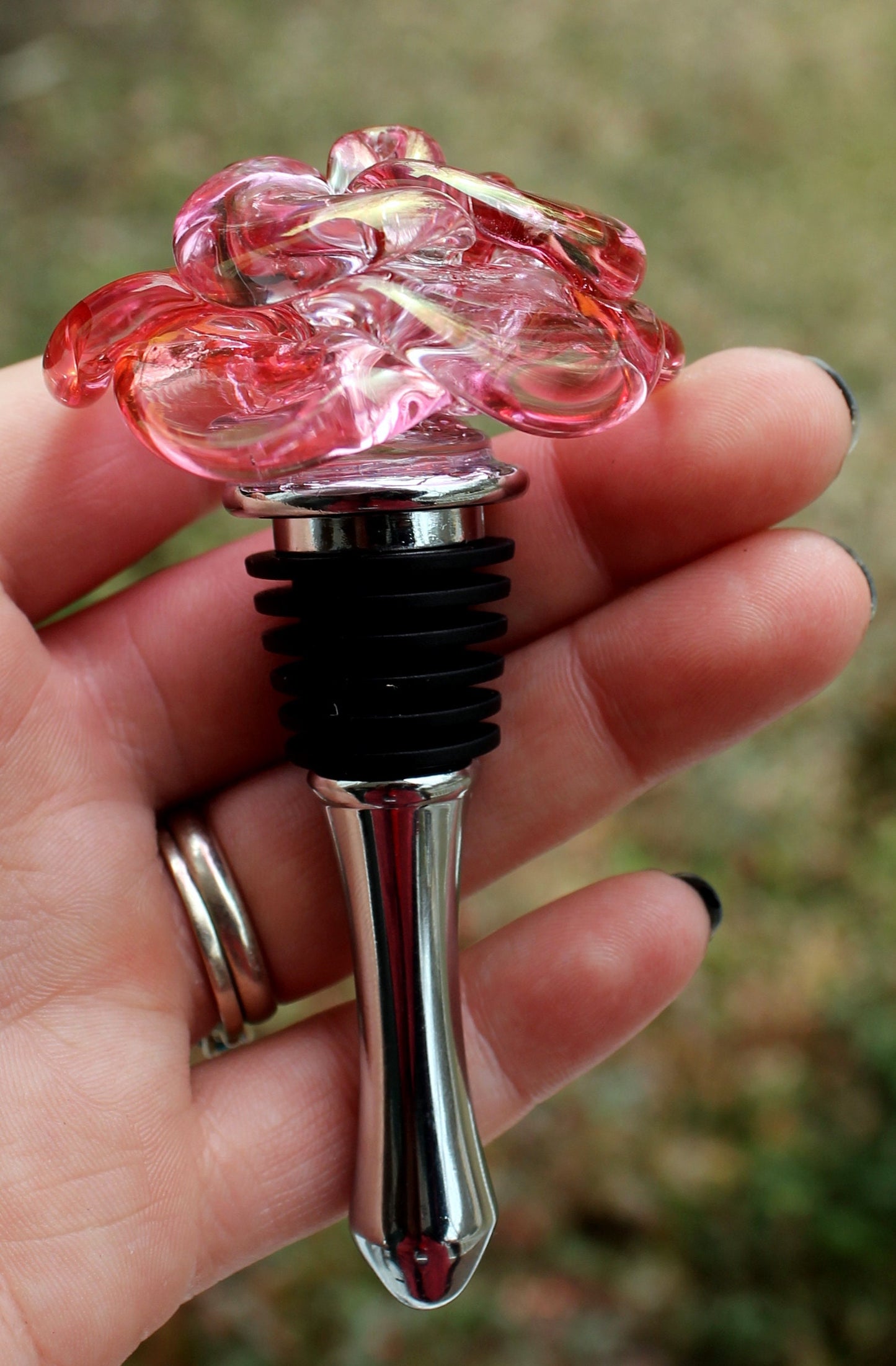 Wine Stopper Glass Rose Pink Gold Flower Stainless steel