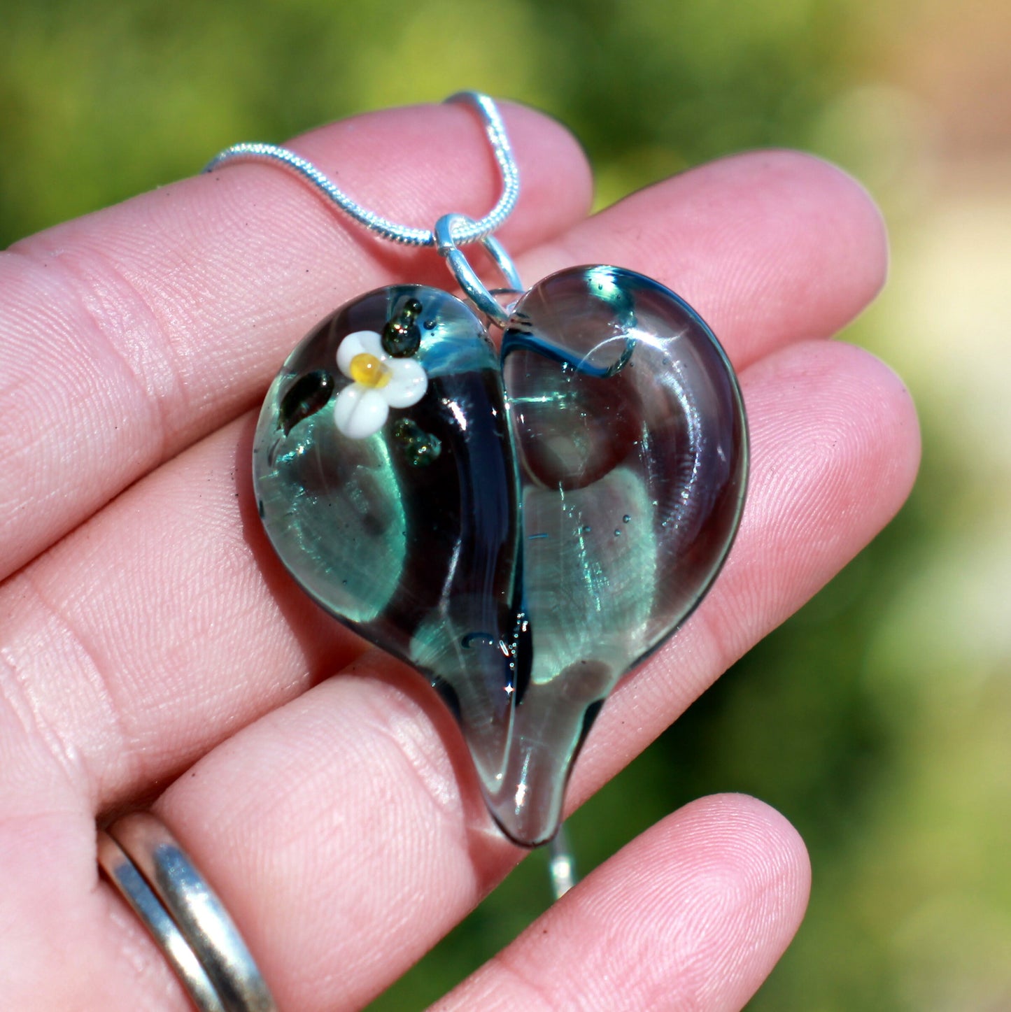 Transparent Blue Heart with White Flower Necklace