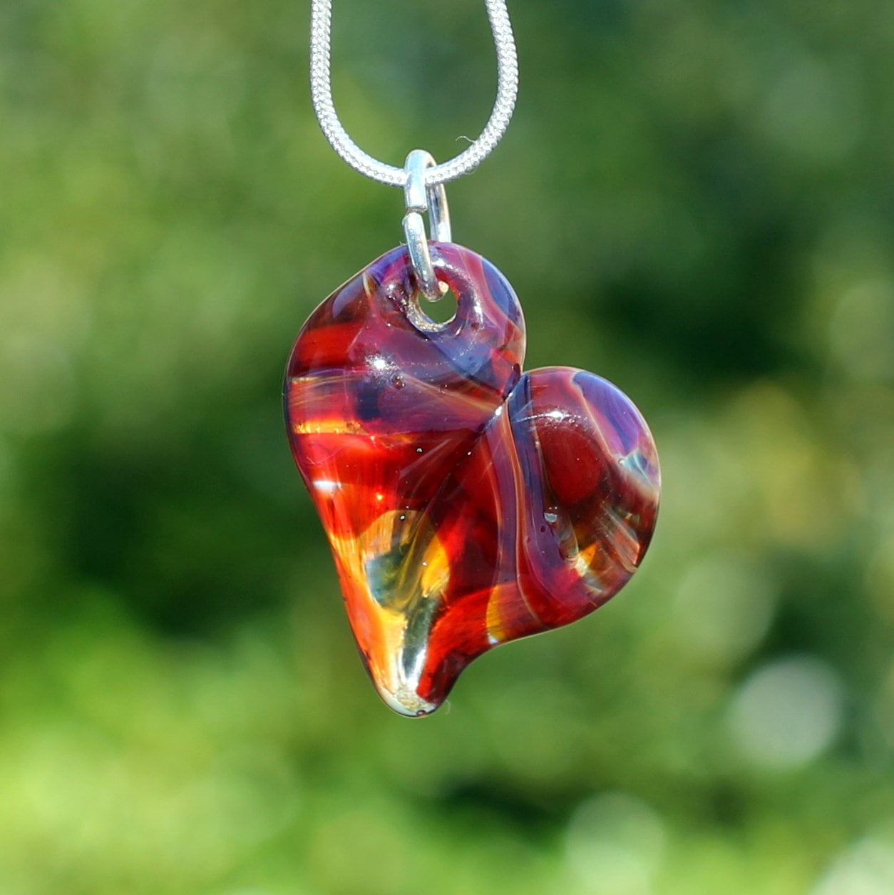Heart Necklace Glass Pendant Silver Chain Handblown SRA Purple