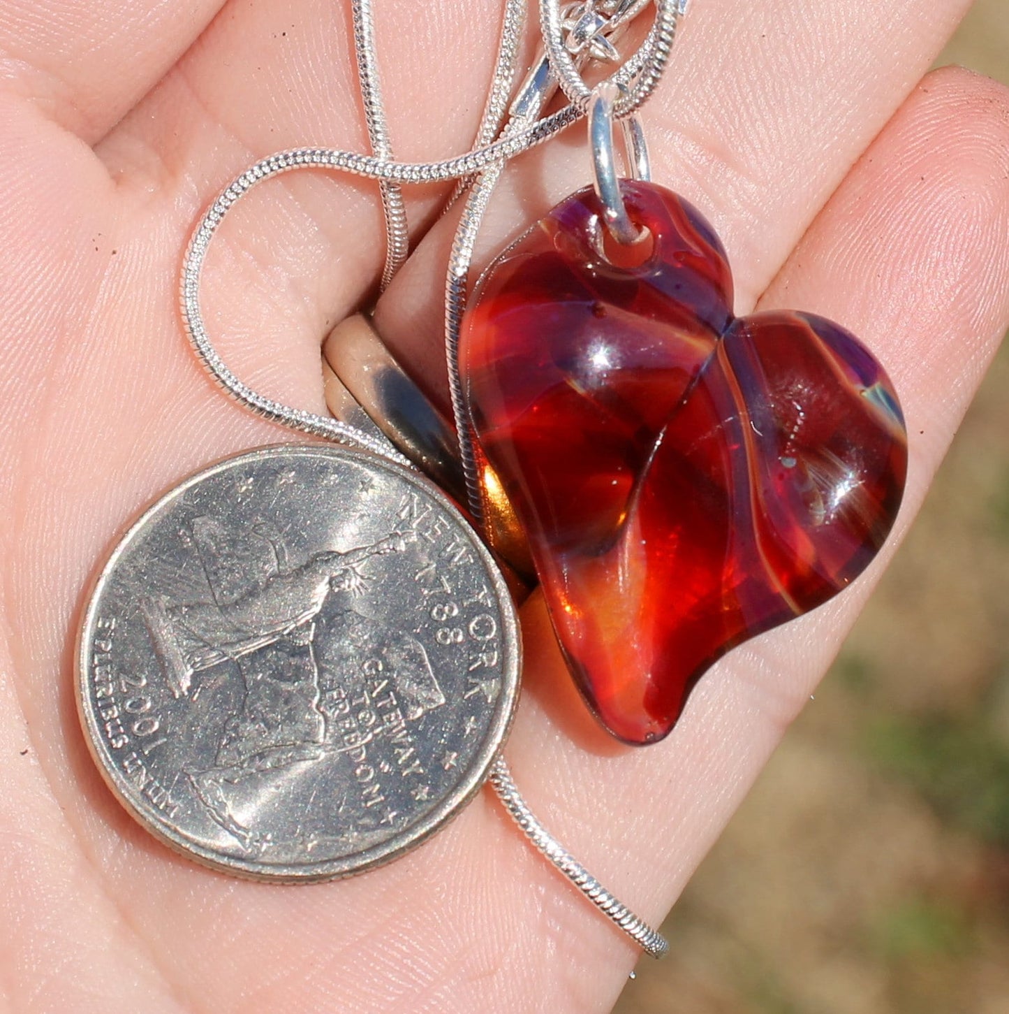 Heart Necklace Glass Pendant Silver Chain Handblown SRA Purple