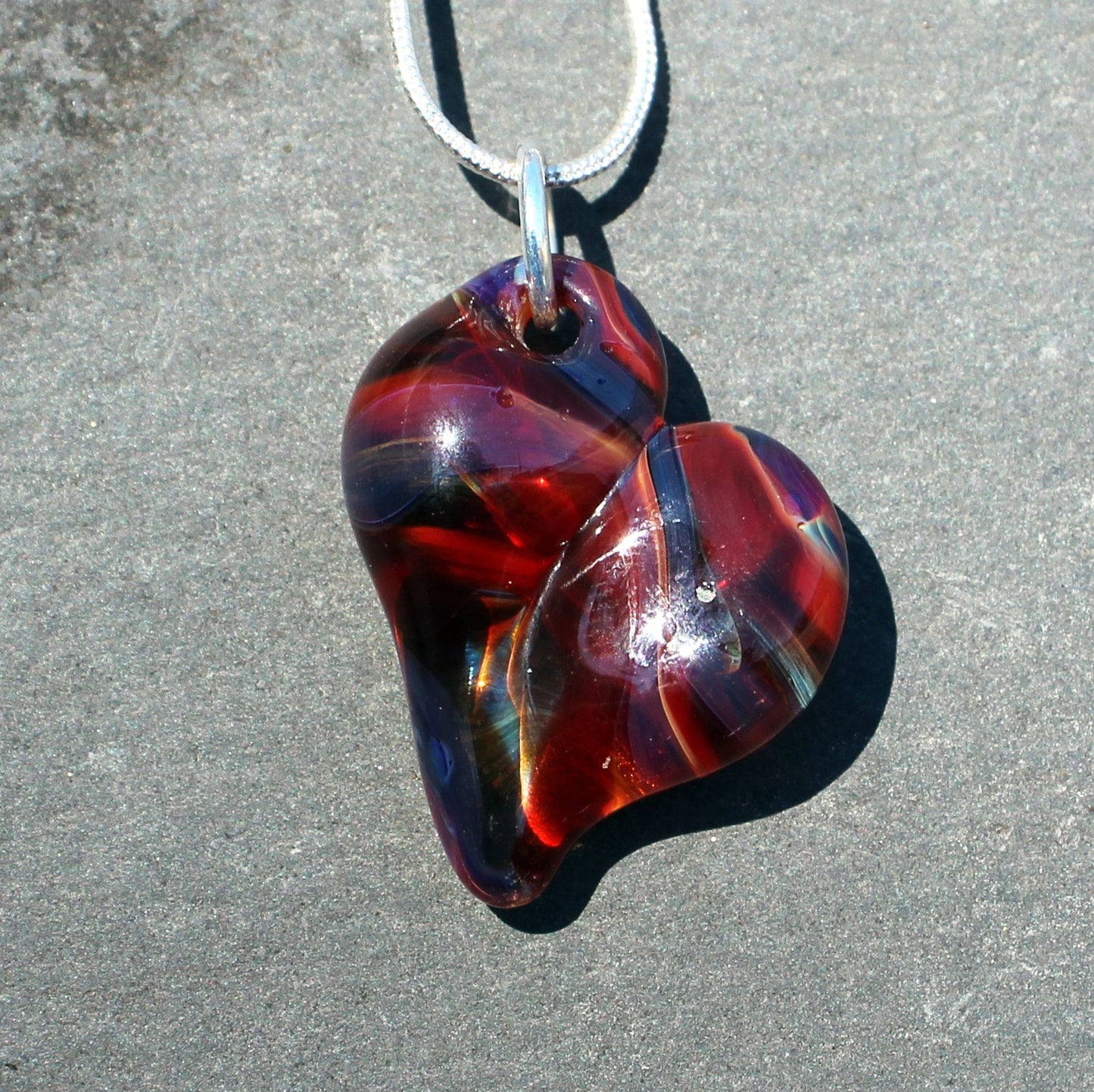 Heart Necklace Glass Pendant Silver Chain Handblown SRA Purple