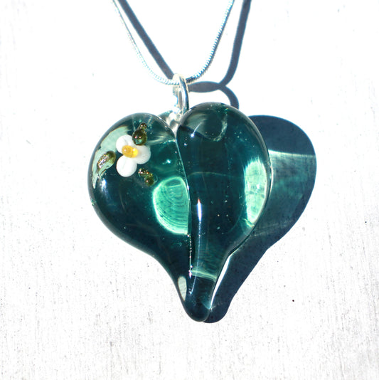 Transparent Blue Heart with White Flower Necklace