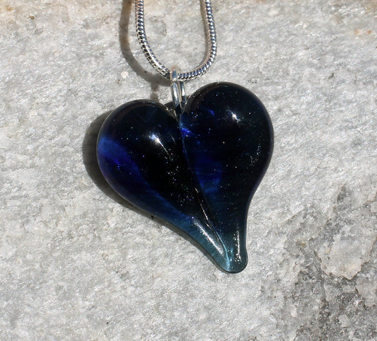 Sparkling Blue Glass Heart Necklace, Lampwork Handblown Jewelry,  Boro Pendant SRA Focal Bead, Gifts for Her