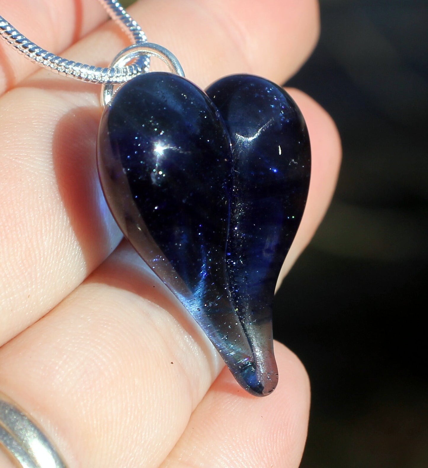 Sparkling Blue Glass Heart Necklace, Lampwork Handblown Jewelry,  Boro Pendant SRA Focal Bead, Gifts for Her