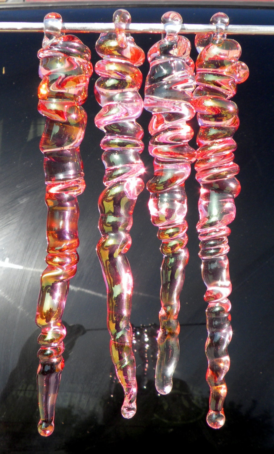 Pink Glass Icicles, Christmas Holiday Ornaments Handblown Gold