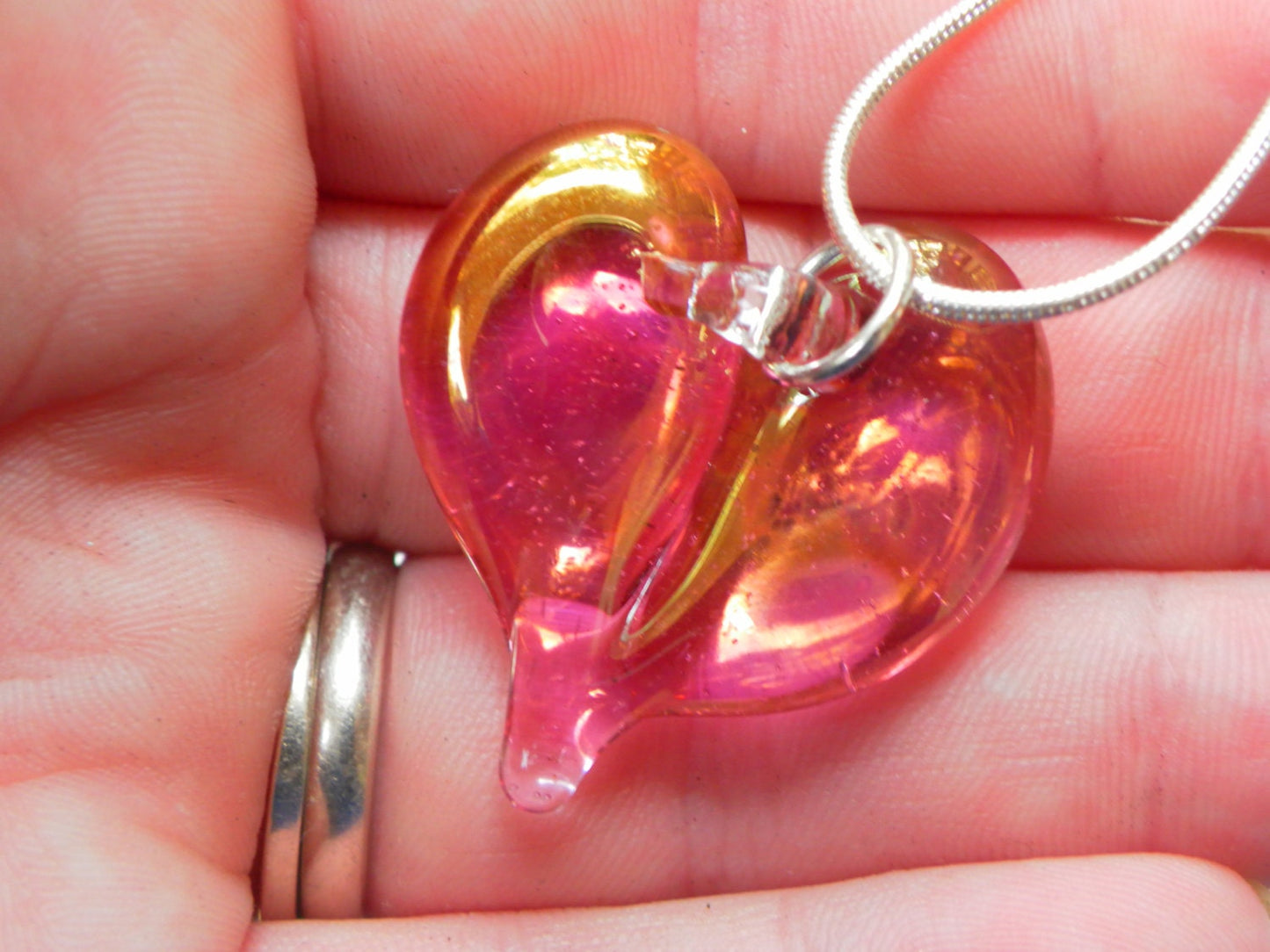 Pink Gold Heart Necklace, Lampwork Pendant, Flamework Glass, Blown Boro Jewelry, Charm Silver Chain SRA