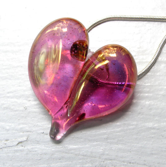 Pink Gold Heart Necklace, Lampwork Pendant, Flamework Glass, Blown Boro Jewelry, Charm Silver Chain SRA