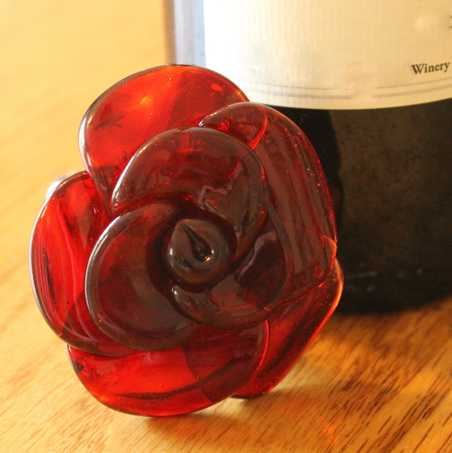 Wine Bottle Stopper Glass Rose Red, Hand Blown Rose, Lampwork SRA Rose, Flower Stainless steel, Gift for Wino