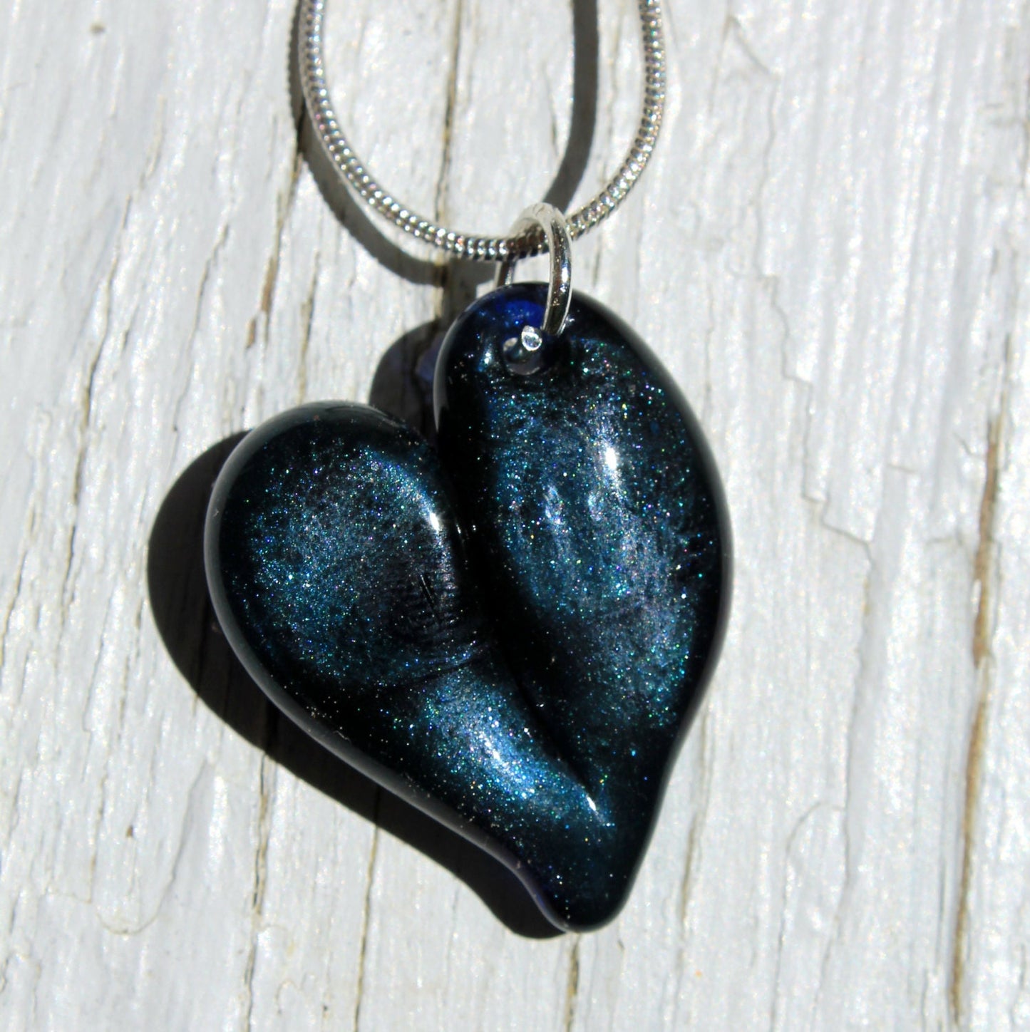 Sparkling Blue Heart, Borosilicate Handblown Pendant, Heart Necklace Lampwork Focal Heart Bead