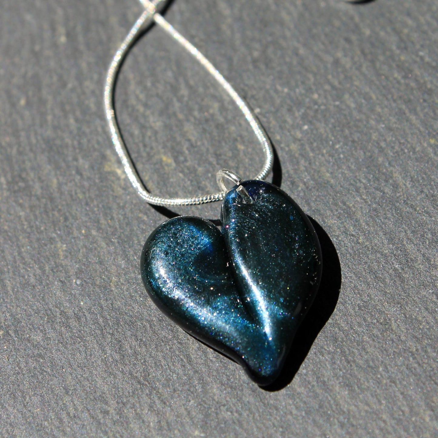 Sparkling Blue Heart, Borosilicate Handblown Pendant, Heart Necklace Lampwork Focal Heart Bead