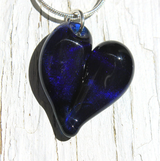 Sparkling Blue Heart, Borosilicate Handblown Pendant, Heart Necklace Lampwork Focal Heart Bead